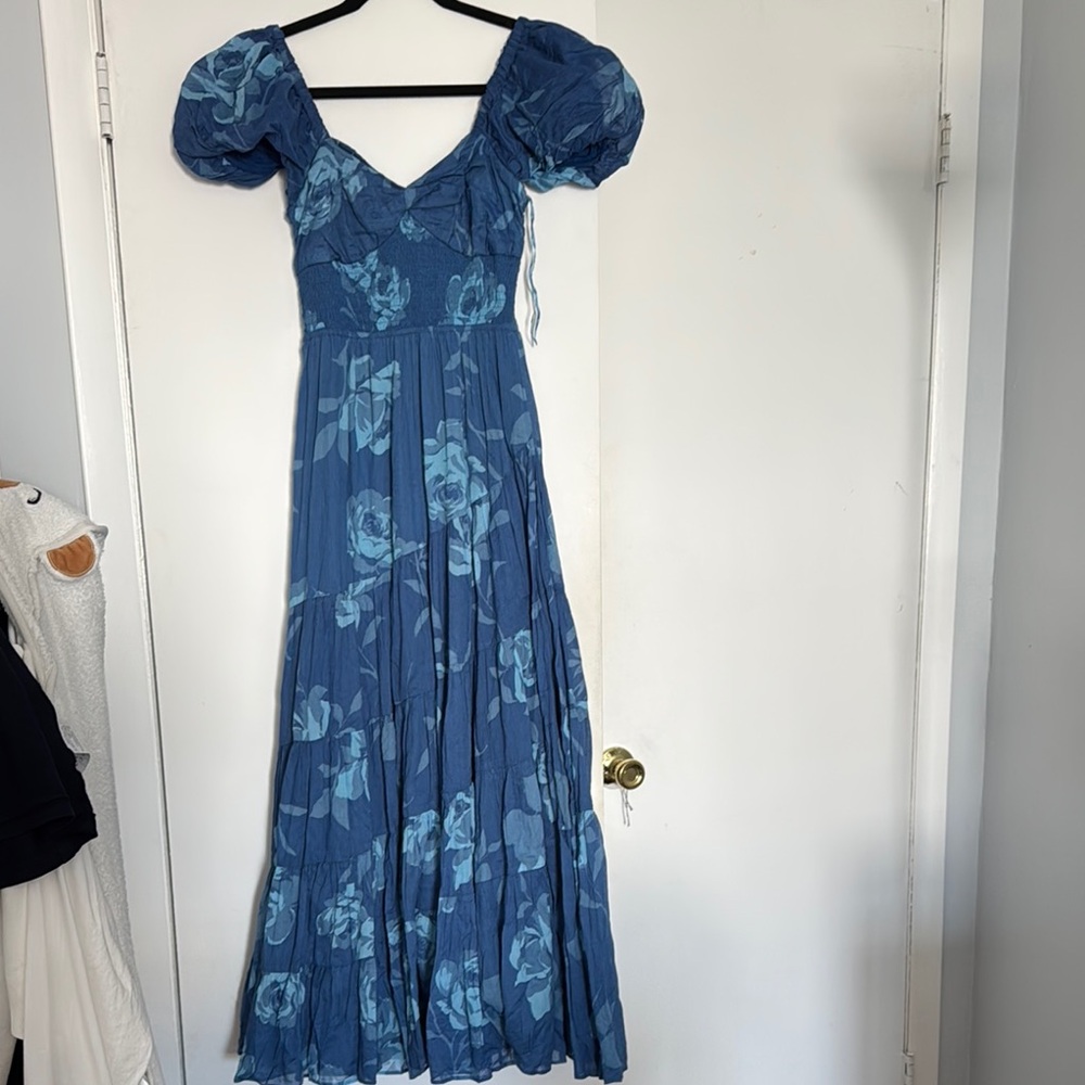 Free People Blue Puff Sleeve Maxi Dress